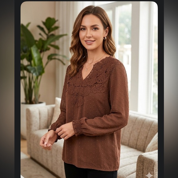 falechay Tops - Brown Crochet Yoke Long Sleeve Blouse
